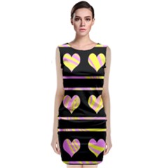 Pink And Yellow Harts Pattern Sleeveless Velvet Midi Dress by Valentinaart