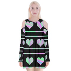 Pastel Harts Pattern Velvet Long Sleeve Shoulder Cutout Dress by Valentinaart