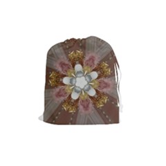 Elegant Antique Pink Kaleidoscope Flower Gold Chic Stylish Classic Design Drawstring Pouches (medium)  by yoursparklingshop