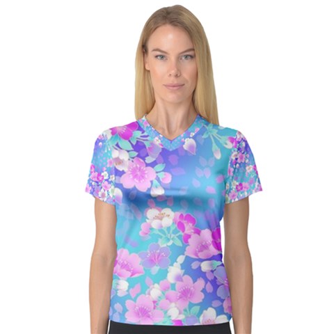 Colorful Pastel  Flowers Women s V-neck Sport Mesh Tee by Brittlevirginclothing