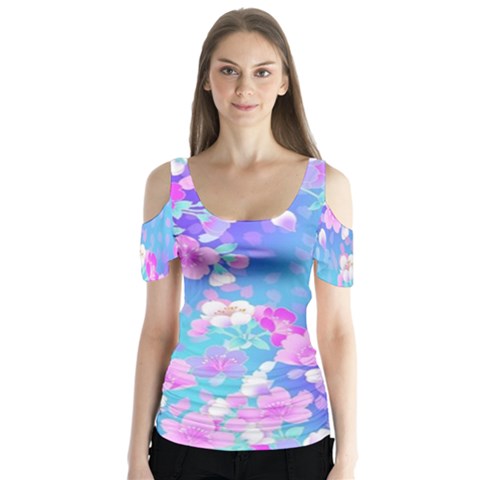 Colorful Pastel  Flowers Butterfly Sleeve Cutout Tee  by Brittlevirginclothing