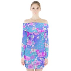 Colorful Pastel  Flowers Long Sleeve Off Shoulder Dress by Brittlevirginclothing
