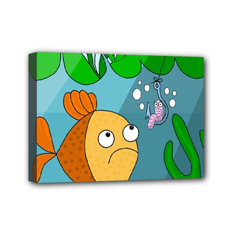 Fish and worm Mini Canvas 7  x 5 