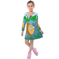 Fish and worm Kids  Long Sleeve Velvet Dress