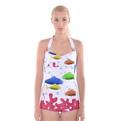 Corals And Fish Boyleg Halter Swimsuit  by Valentinaart