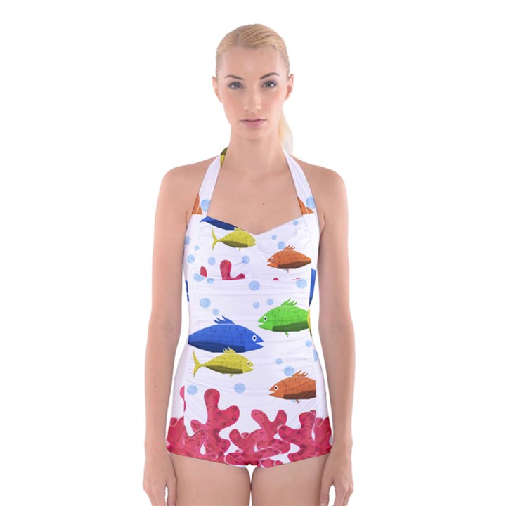 Corals and fish Boyleg Halter Swimsuit 
