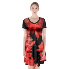 red flower  Short Sleeve V-neck Flare Dress