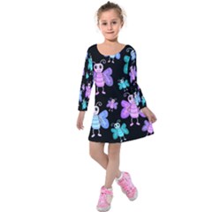 Blue and purple butterflies Kids  Long Sleeve Velvet Dress