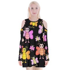 Cute Butterflies, Colorful Design Velvet Long Sleeve Shoulder Cutout Dress