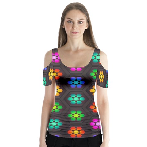 Pattern Background Colorful Design Butterfly Sleeve Cutout Tee  by Amaryn4rt