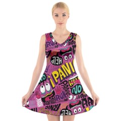 Panic Pattern V-Neck Sleeveless Skater Dress