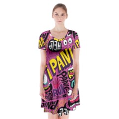Panic Pattern Short Sleeve V-neck Flare Dress