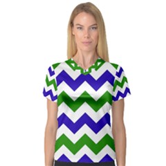 Blue And Green Chevron Women s V-Neck Sport Mesh Tee