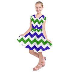 Blue And Green Chevron Kids  Short Sleeve Dress