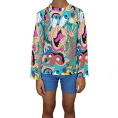 Cartoons Funny Face Patten Kids  Long Sleeve Swimwear