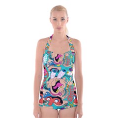 Cartoons Funny Face Patten Boyleg Halter Swimsuit 