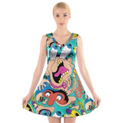 Cartoons Funny Face Patten V-Neck Sleeveless Skater Dress