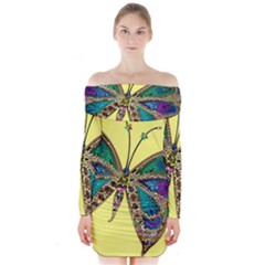 Butterfly Mosaic Yellow Colorful Long Sleeve Off Shoulder Dress by Amaryn4rt