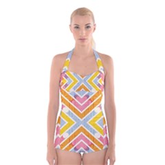 Line Pattern Cross Print Repeat Boyleg Halter Swimsuit  by Amaryn4rt