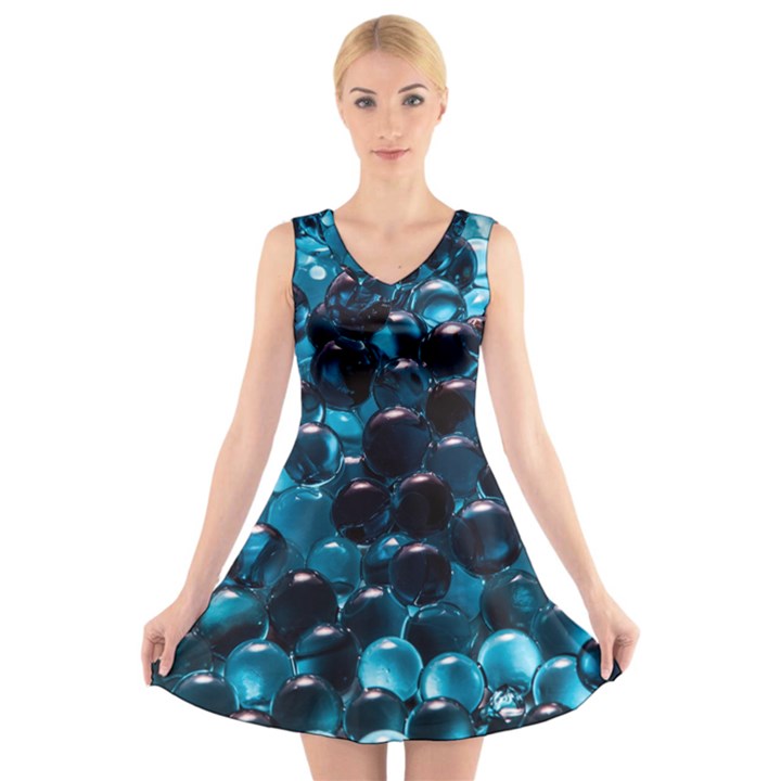 Blue Abstract Balls Spheres V-Neck Sleeveless Skater Dress