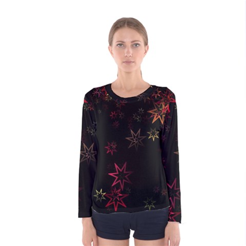 Christmas Background Motif Star Women s Long Sleeve Tee by Amaryn4rt