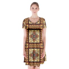 Batik Flower Brown Short Sleeve V-neck Flare Dress