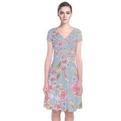 Background Page Template Floral Short Sleeve Front Wrap Dress