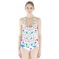 Cute Birds And Flowers Pattern Halter Swimsuit by Valentinaart