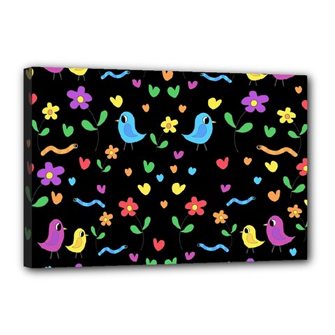 Cute Birds And Flowers Pattern - Black Canvas 18  X 12  by Valentinaart