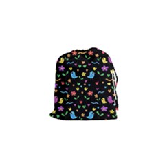 Cute Birds And Flowers Pattern - Black Drawstring Pouches (xs) 