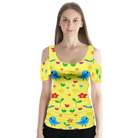 Yellow Cute Birds And Flowers Pattern Butterfly Sleeve Cutout Tee  by Valentinaart
