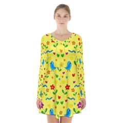 Yellow Cute Birds And Flowers Pattern Long Sleeve Velvet V-neck Dress by Valentinaart