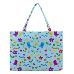 Blue Cute Birds And Flowers  Medium Tote Bag by Valentinaart