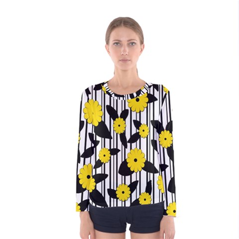 Yellow Floral Pattern Women s Long Sleeve Tee by Valentinaart