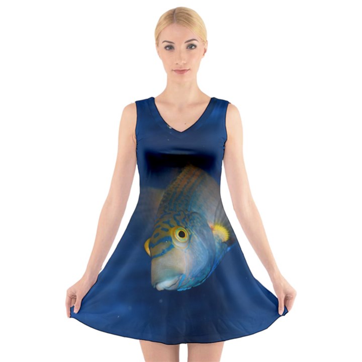 Fish Blue Animal Water Nature V-Neck Sleeveless Skater Dress