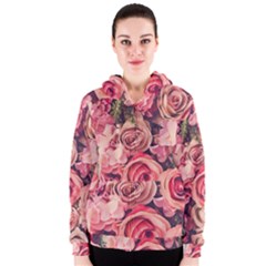 Beautiful Pink Roses  Women s Zipper Hoodie by Brittlevirginclothing