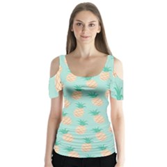 Cute Pineapple Butterfly Sleeve Cutout Tee 