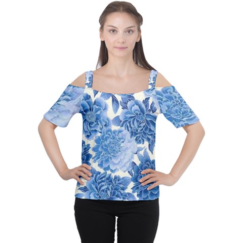 Blue Flowers Women s Cutout Shoulder Tee by Brittlevirginclothing