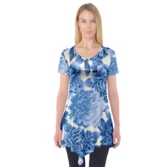 Blue Flowers Short Sleeve Tunic  by Brittlevirginclothing