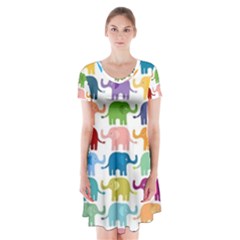 Colorful Small Elephants Short Sleeve V-neck Flare Dress