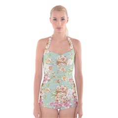 Vintage Pastel Flowers Boyleg Halter Swimsuit  by Brittlevirginclothing