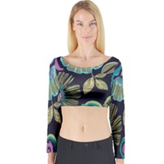 Dark Colored Lila Flowers Long Sleeve Crop Top by Brittlevirginclothing