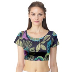 Dark Colored Lila Flowers Short Sleeve Crop Top (tight Fit) by Brittlevirginclothing