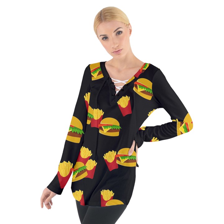 Hamburgers and french fries pattern Women s Tie Up Tee