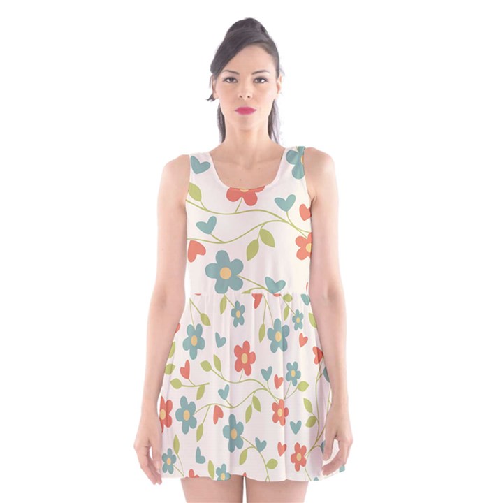 Abstract Vintage Flower Floral Pattern Scoop Neck Skater Dress