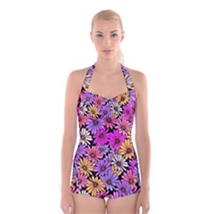 Floral Pattern Boyleg Halter Swimsuit 