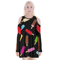 Decorative Ice Cream Pattern Velvet Long Sleeve Shoulder Cutout Dress by Valentinaart