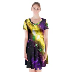 Galaxy Deep Space Space Universe Stars Nebula Short Sleeve V-neck Flare Dress by Amaryn4rt