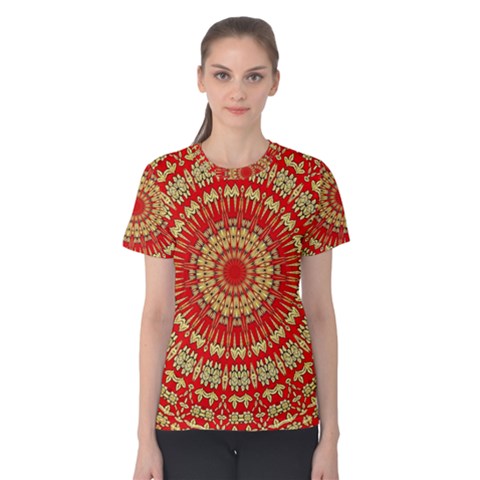 Gold And Red Mandala Women s Cotton Tee by Amaryn4rt