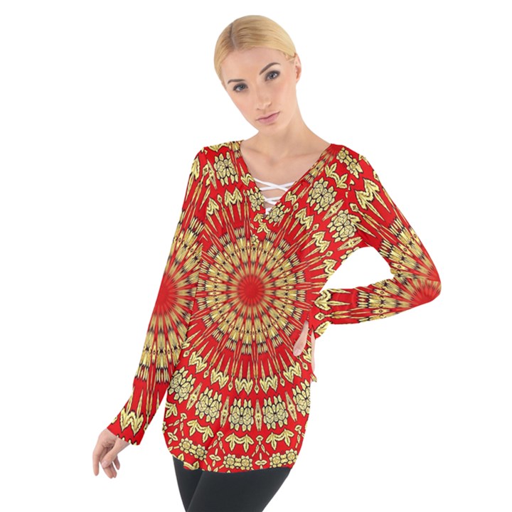 Gold And Red Mandala Women s Tie Up Tee